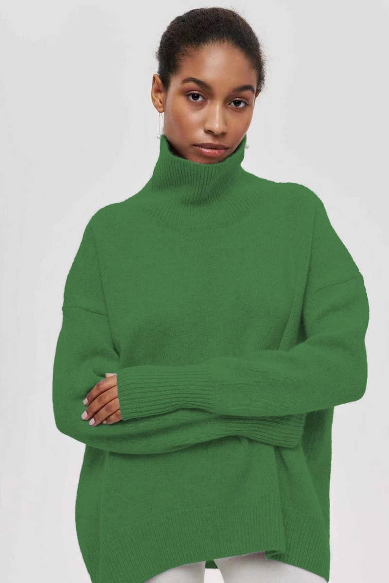 CWOSWL07646_SOLID COLOR LOOSE TURTLENECK KNITTED SWEATER