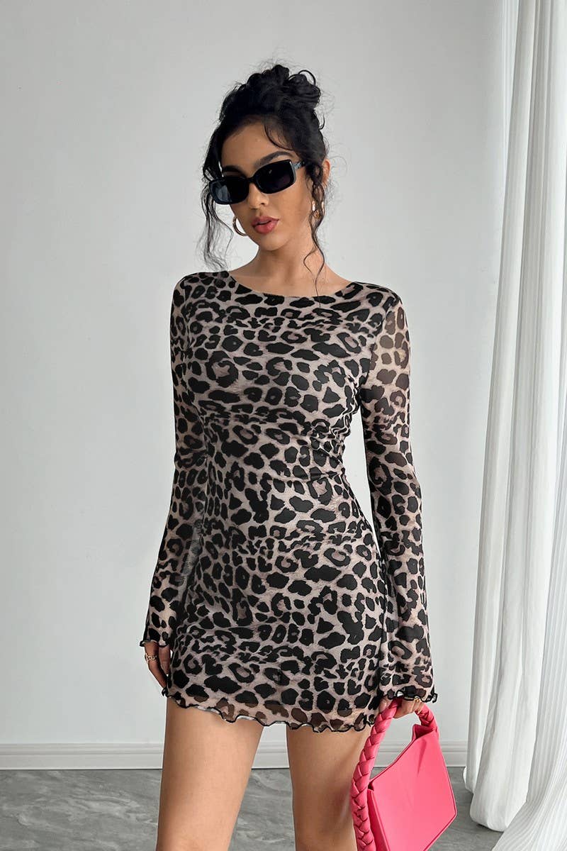 CWDSD8264_LEOPARD PRINT OPEN BACK MESH BELL SLEEVE DRESS