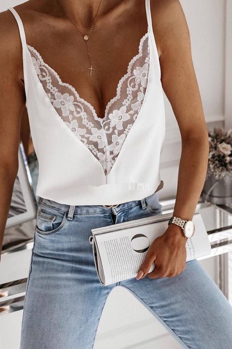 CWTTSL0429_SUMMER LACE SPLICING V-NECK LOW-CUT SLIM CAMISOLE