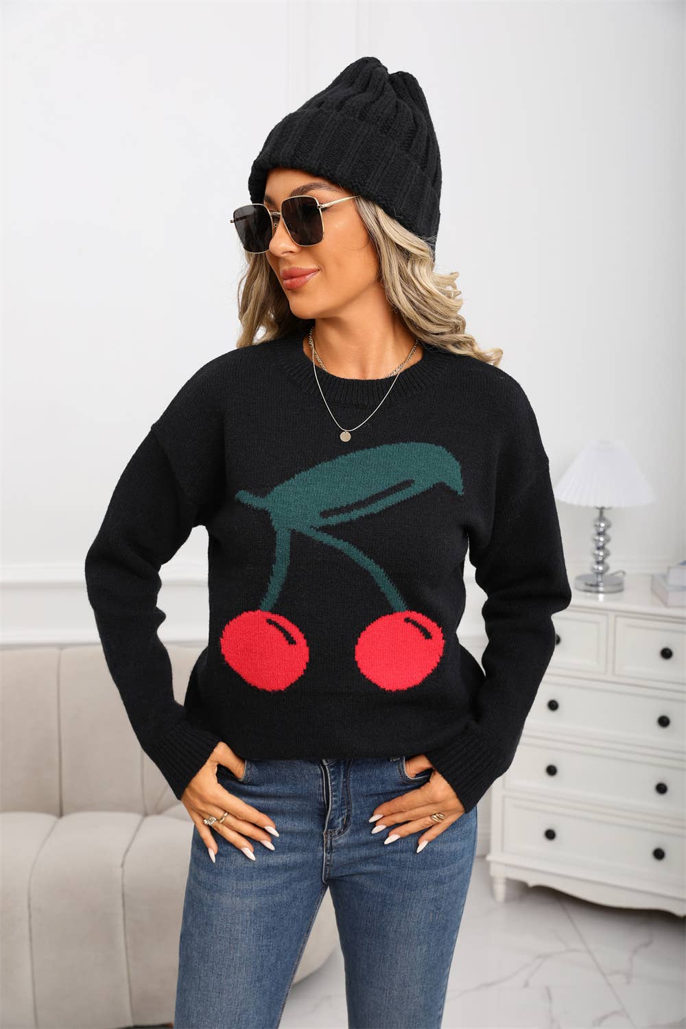 Cherry jacquard Valentine's Day knitted sweater