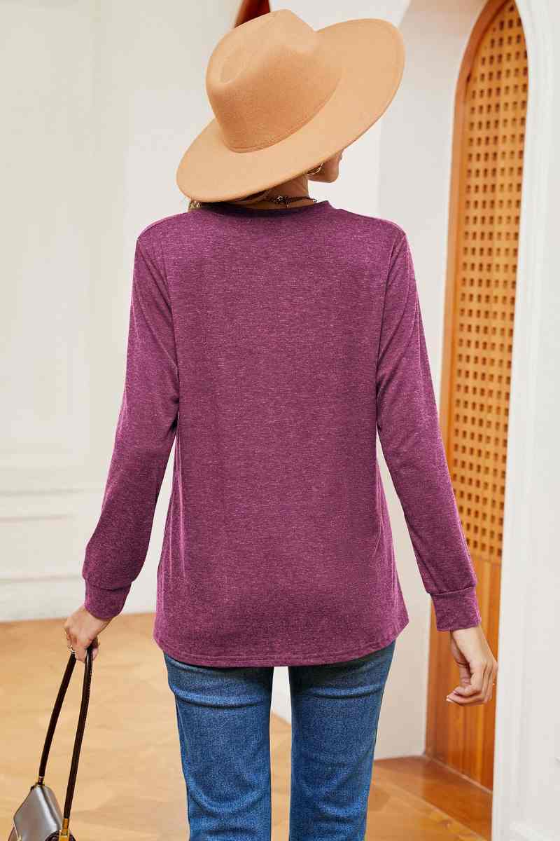 CWTBLL2834_V-NECK BUTTON-UP LONG-SLEEVED BAGGY TOP