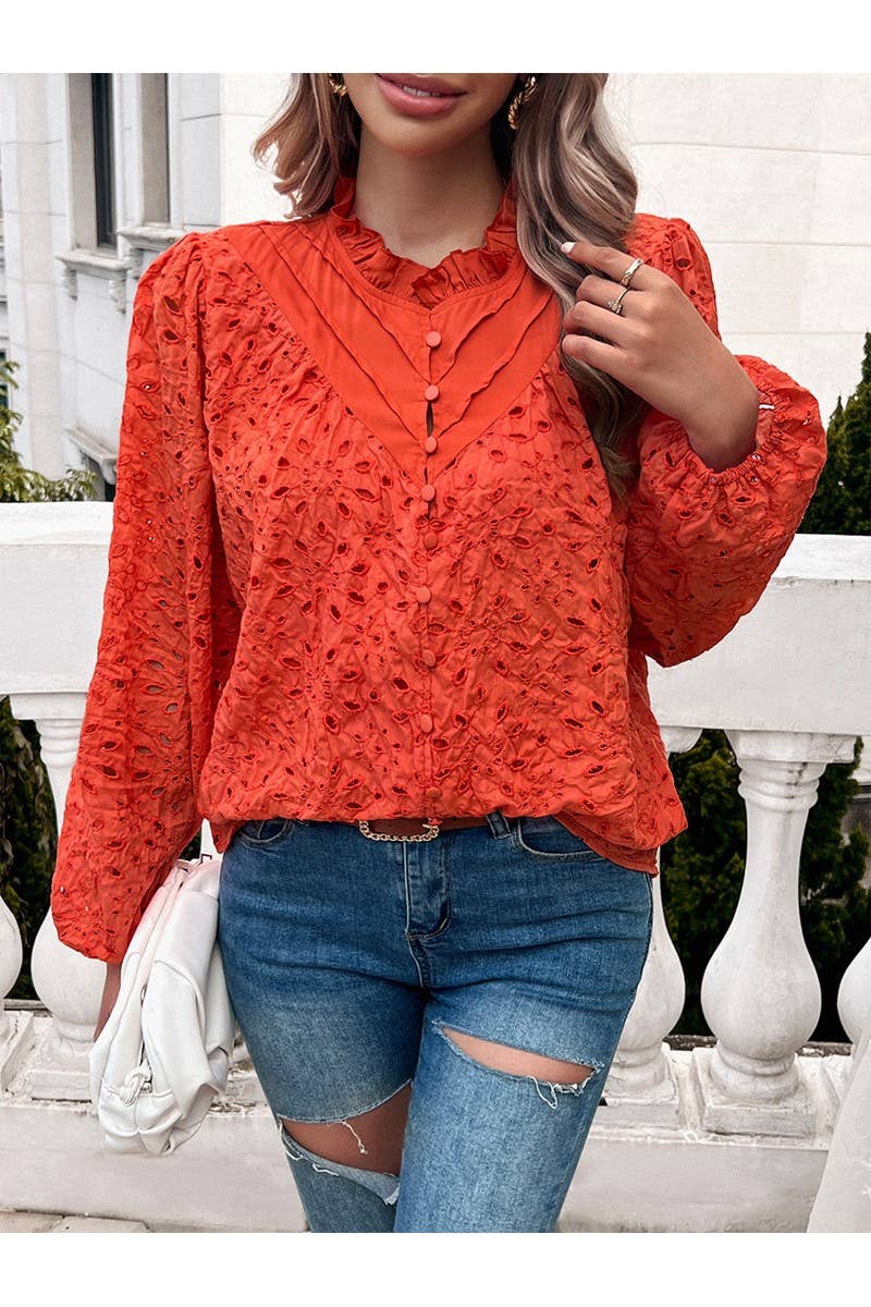 CWTBLL1140_Fashion Woven Hollow Puffy Sleeve Blouse