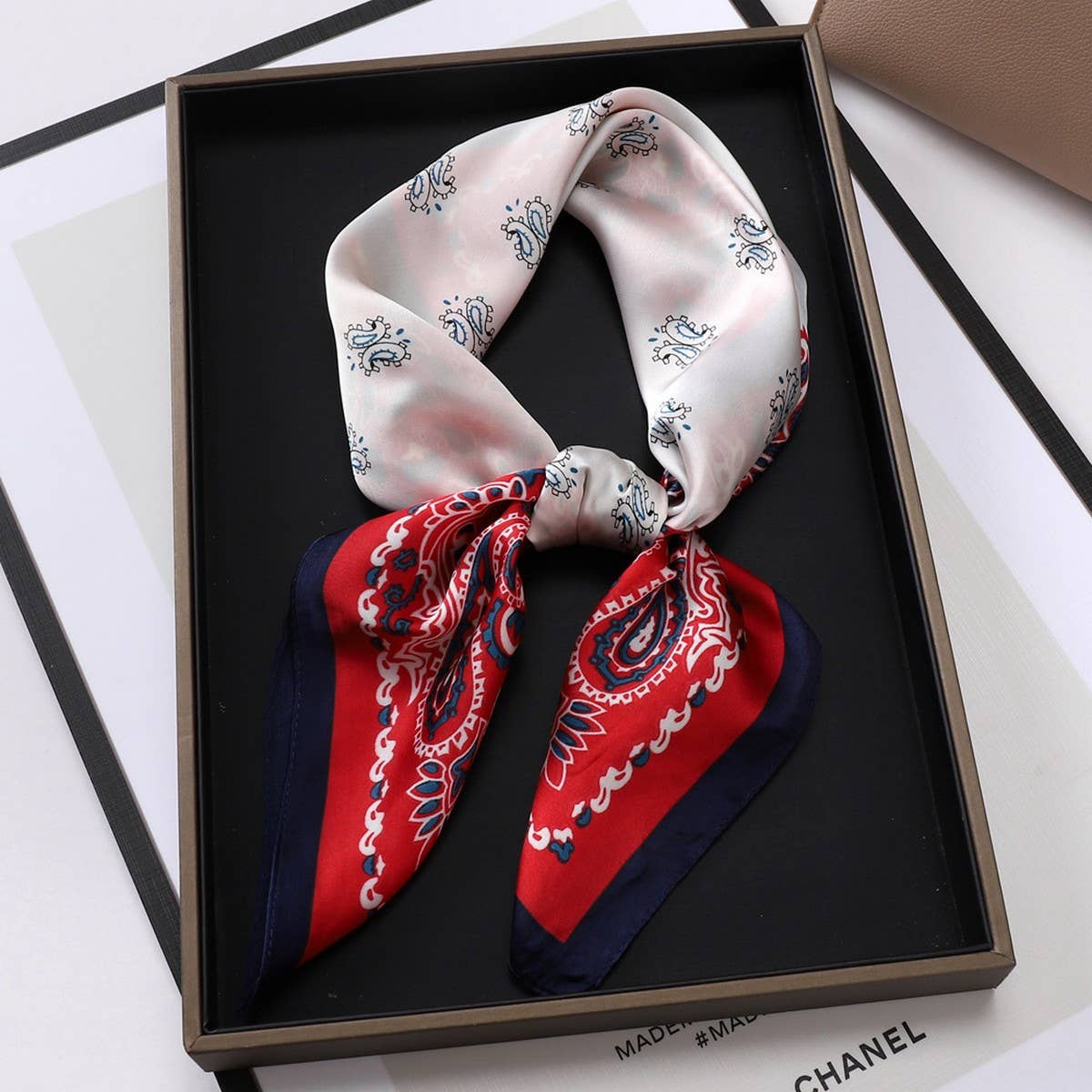 Vintage Letter Print Satin Square Scarf for Women
