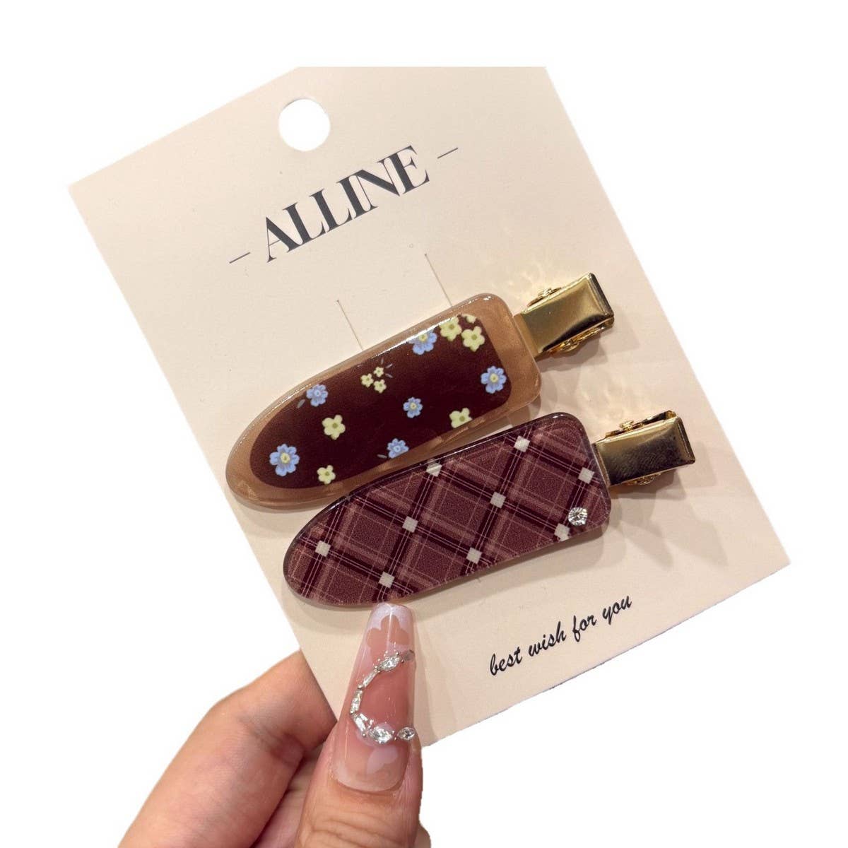 CWAHA4452_FLORAL CHECKERED ALL-MATCH CUTE SEAMLESS HAIRPIN