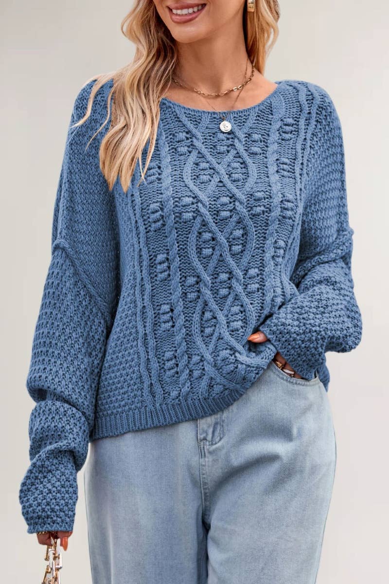 CWOSWL5791_AUTUMN WINTER CREW NECK LONG SLEEVE TWIST SWEATER