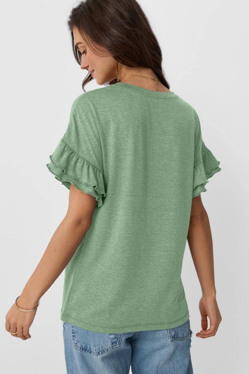 CWTBLS1620_SOLID COLOR ROUND NECK RUFFLE SLEEVE TOP