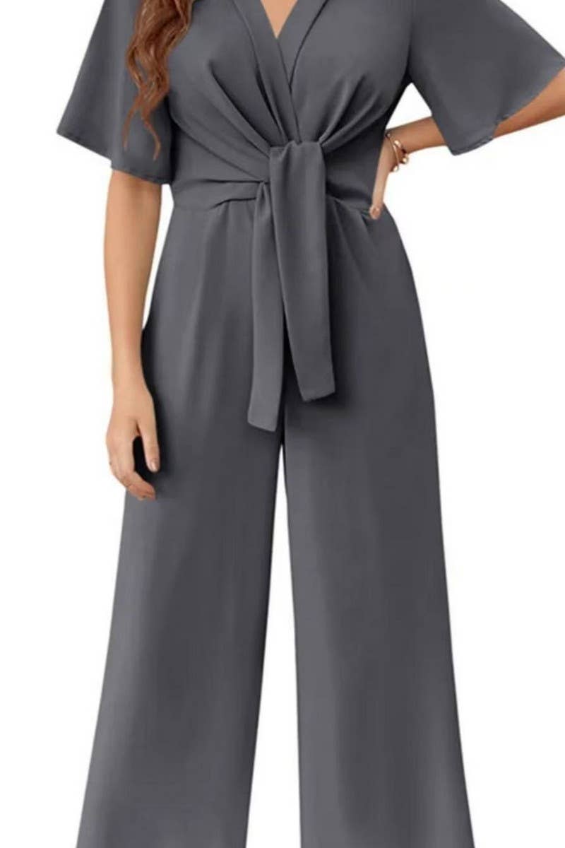 CWSJS1693_SOLID COLOR V-NECK SHORT SLEEVE JUMPSUIT