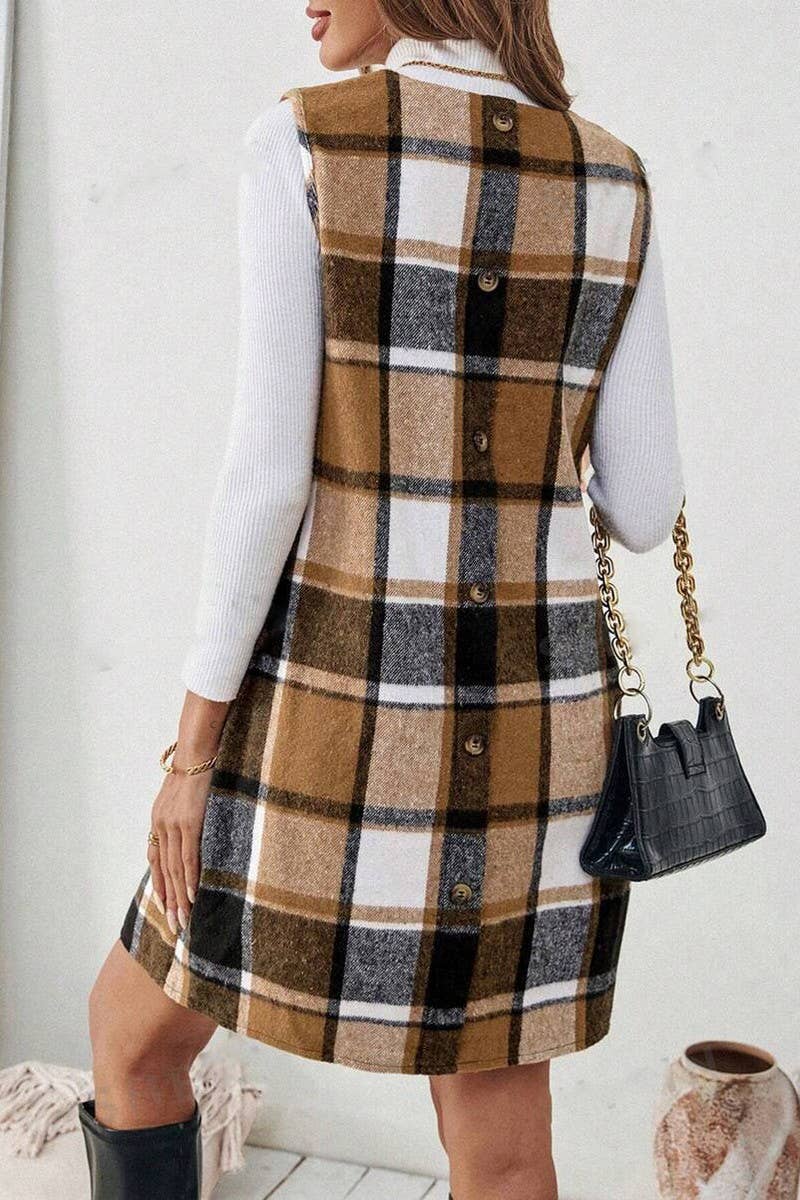 CASUAL PLAID KNEE-LENGTH SLEEVELESS V-NECK DRESS
