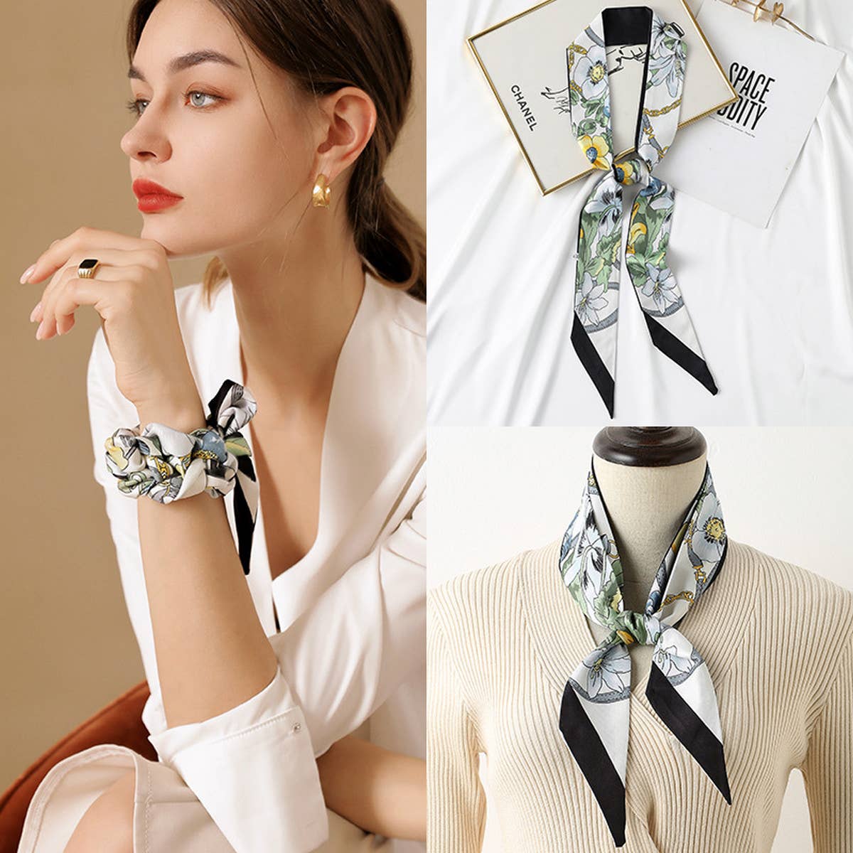 Floral Twilly Scarf for Hair & Bag, Satin Silk