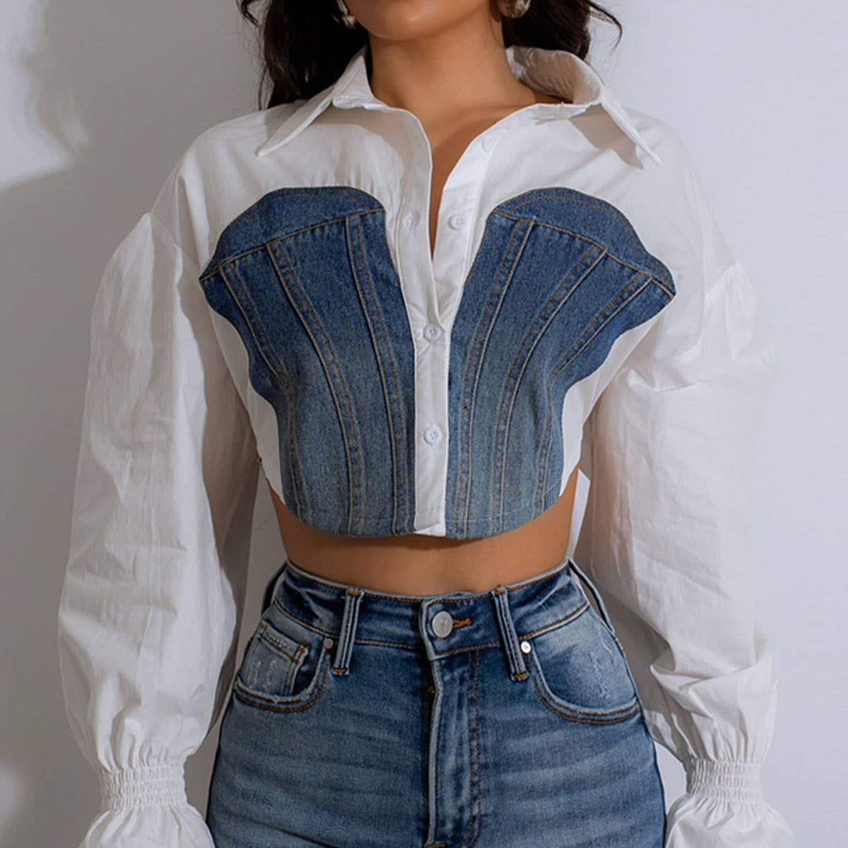 DENIM PATCHWORK SHIRT WITH CROP HORN SLEEVES