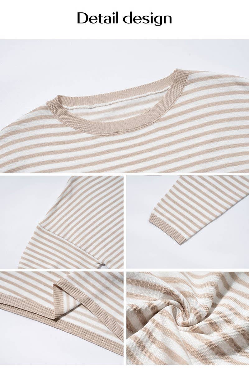 CWOSWL2129_CASUAL ROUND NECK STRIPED KNITTED SWEATER