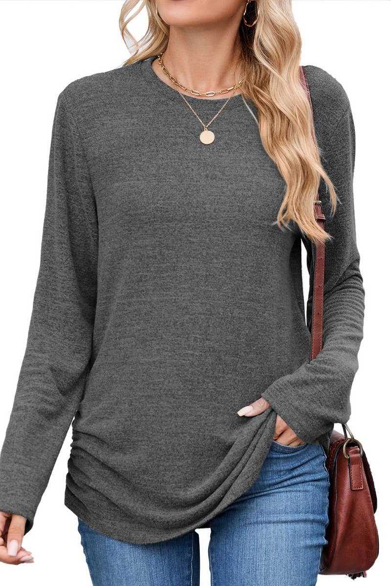 CWTBLL01304_COLORBLOCK RUCHED LONG SLEEVE CASUAL T SHIRT