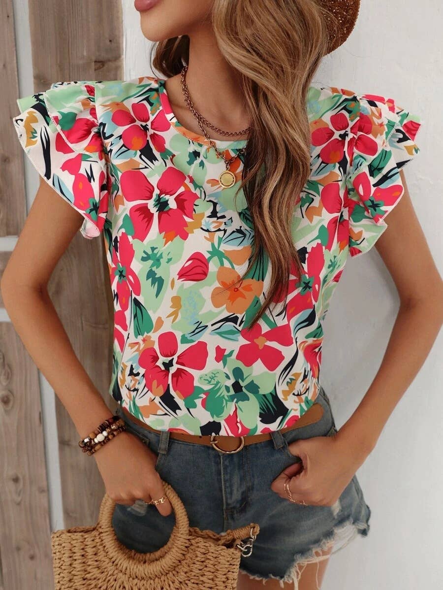 FLORAL DOUBLE-LAYER FLYING SHORT-SLEEVED SHIRT