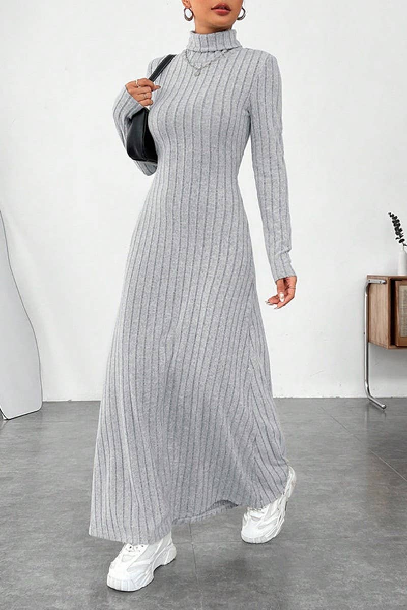 CWDMD00973_TEMPERAMENT SLIM HIGH COLLAR SOLID COLOR DRESS