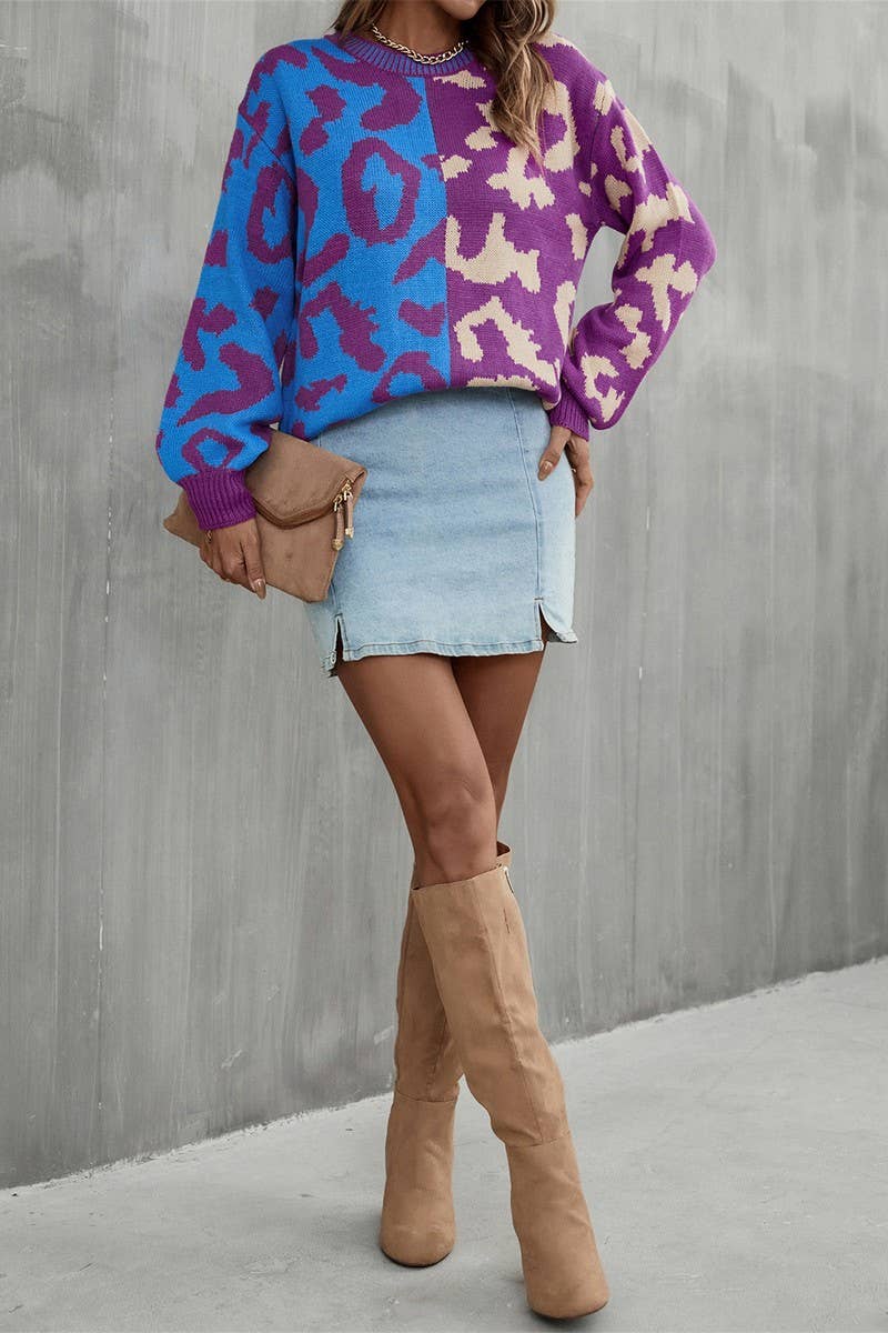 CWOSWL3151_CREW NECK LEOPARD PRINT KNITTED SWEATER