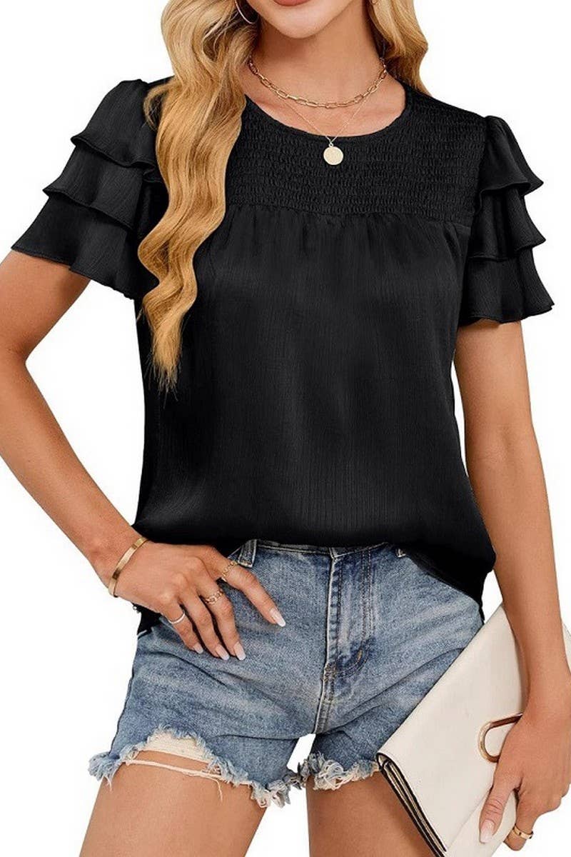 CWTBLS2271_SATIN RUCHED TIERED SHORT SLEEVE CREW NECK TOP