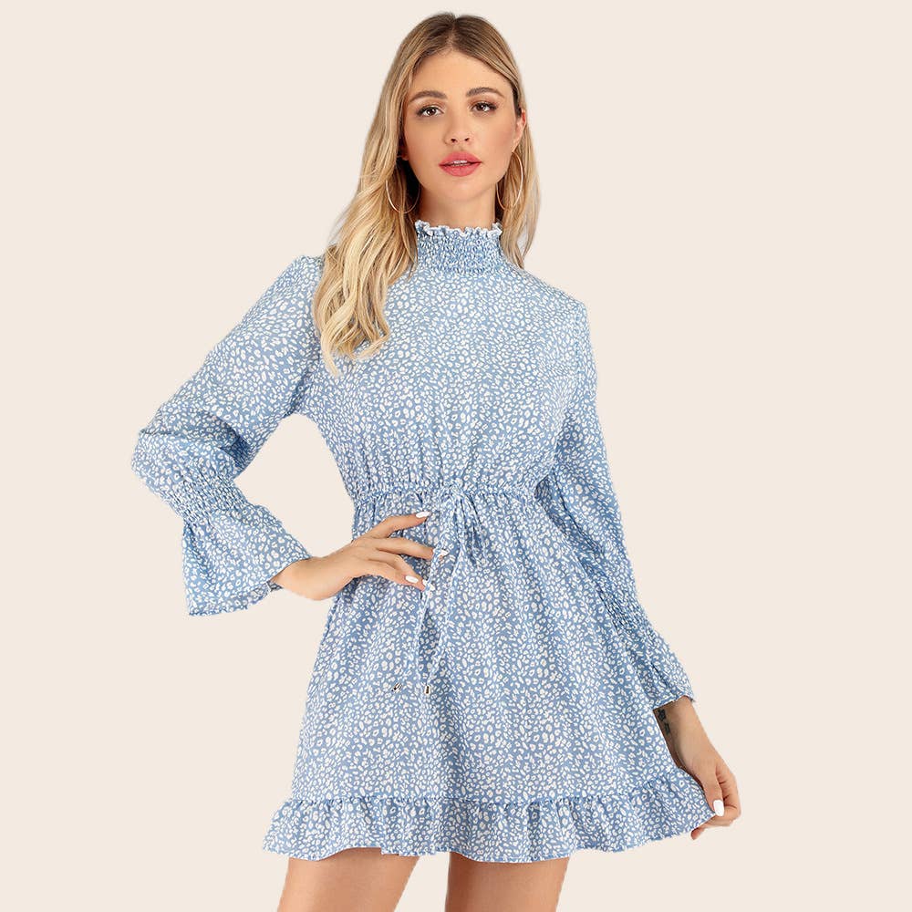 Casual high neck strap floral ruffled trim dress