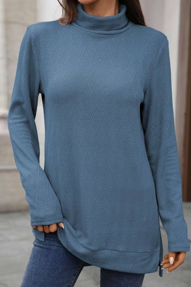 CWTBLL01289_HIGH NECK SOLID KNIT SPLIT HEM LONG SLEEVE TOP