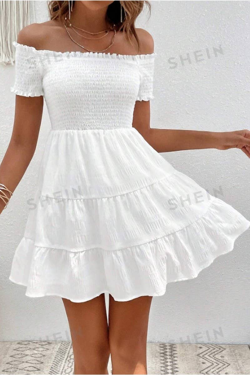 CWDSD8535_OFF SHOULDER RUFFLE TRIM PATCHWORK DRESS