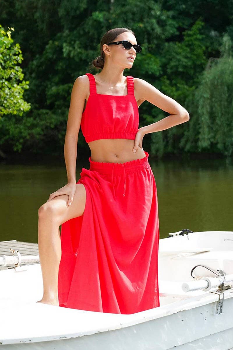 CWSS1169_COTTON-LINEN CAMI TOP & SPLIT MIDI SKIRT SET