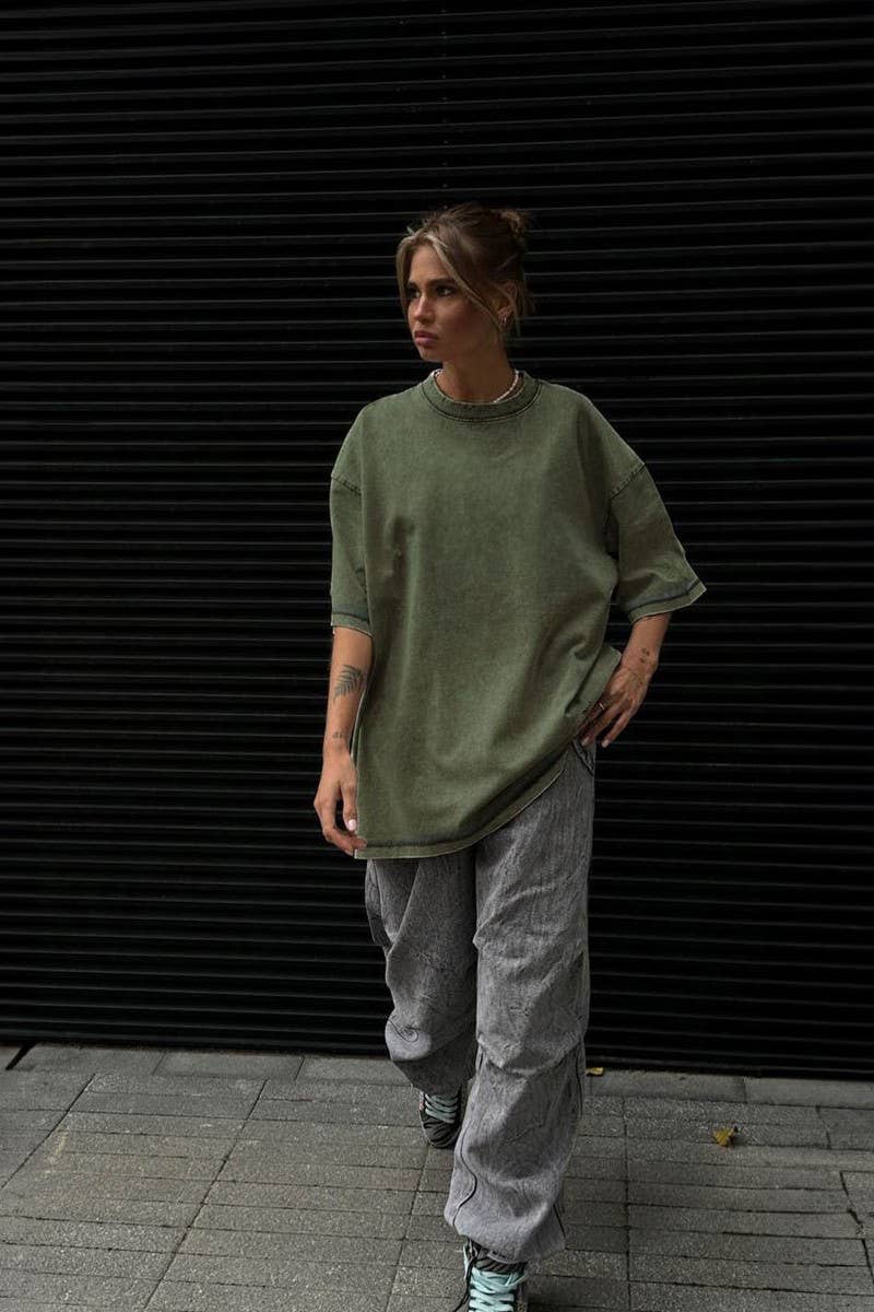 CWTTS1176_ROUND NECK WASHED DISTRESSED SHORT SLEEVE T-SHIRT