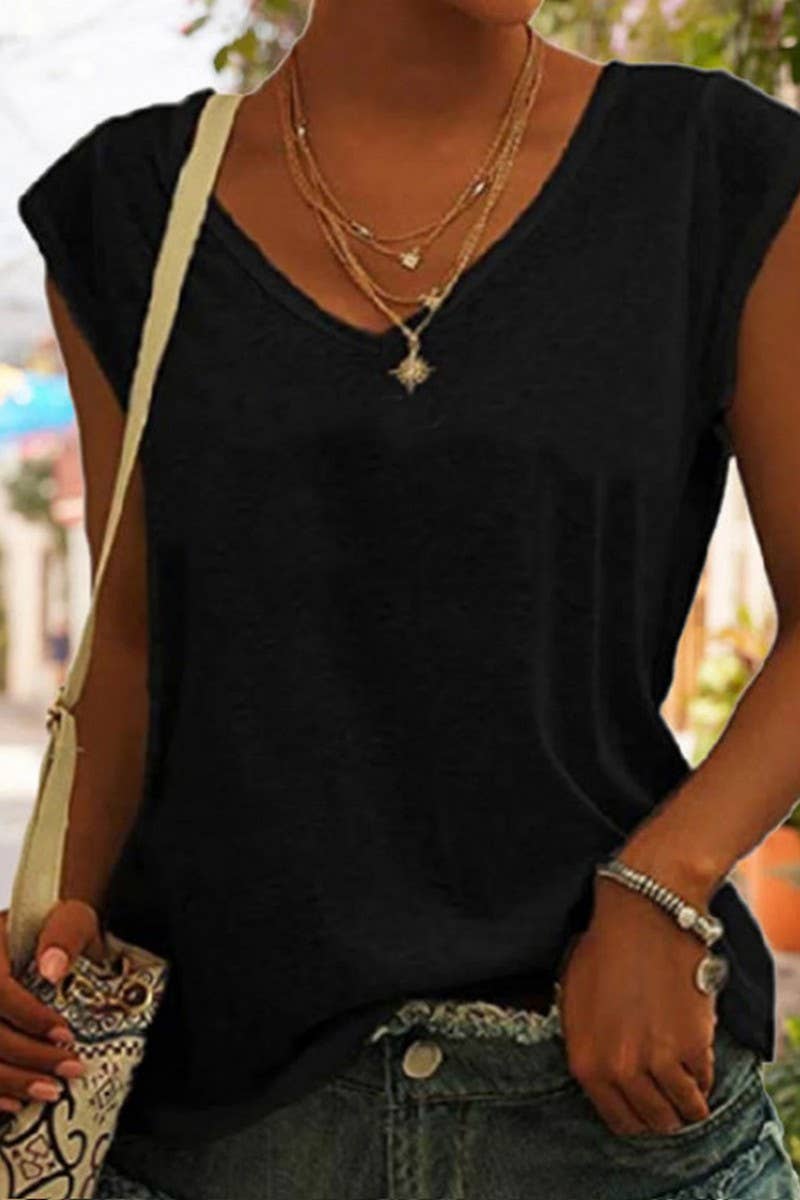 CWTTSL0257_SOLID COLOR V-NECK LOOSE SLEEVELESS T-SHIRT