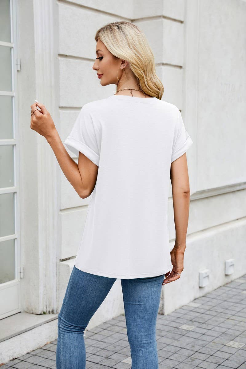 CWTBLS1728_SOLID COLOR ROUND NECK T-SHIRT SHORT SLEEVE TOP