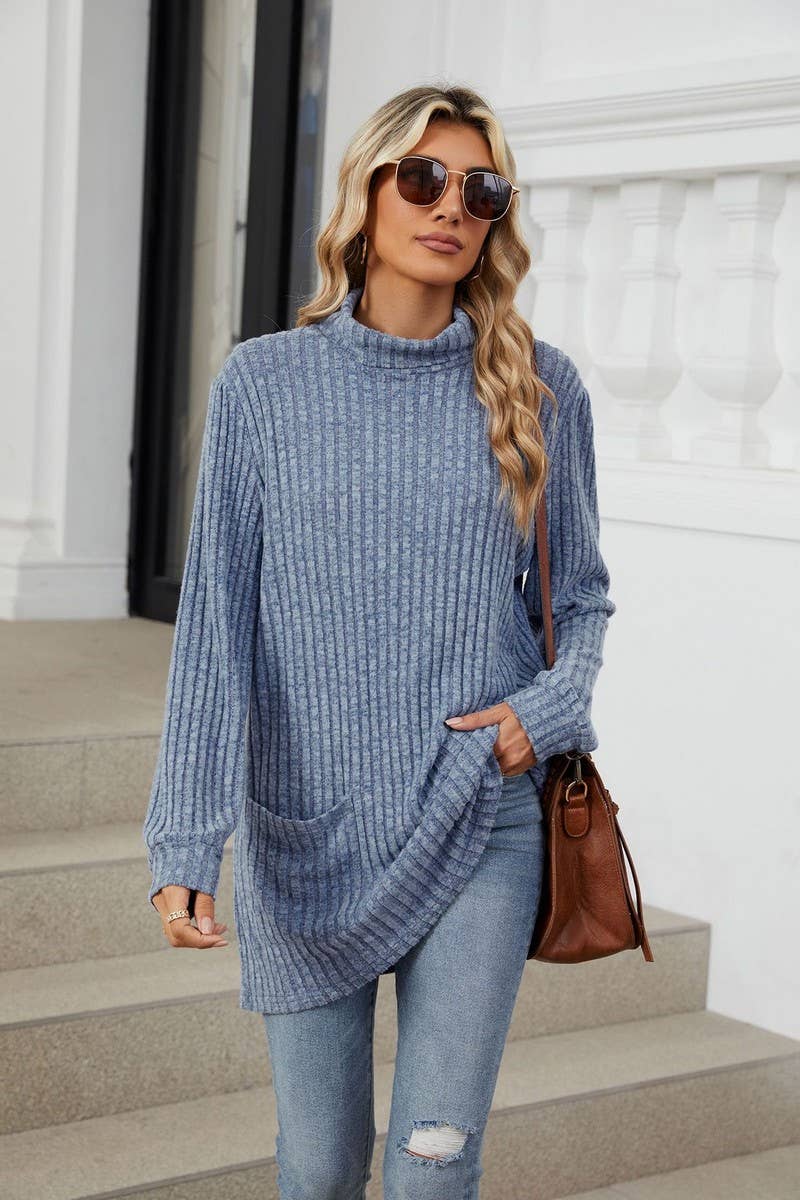 CWTBLL2364_HALF TURTLENECK LONG SLEEVE CASUAL POCKET TOP