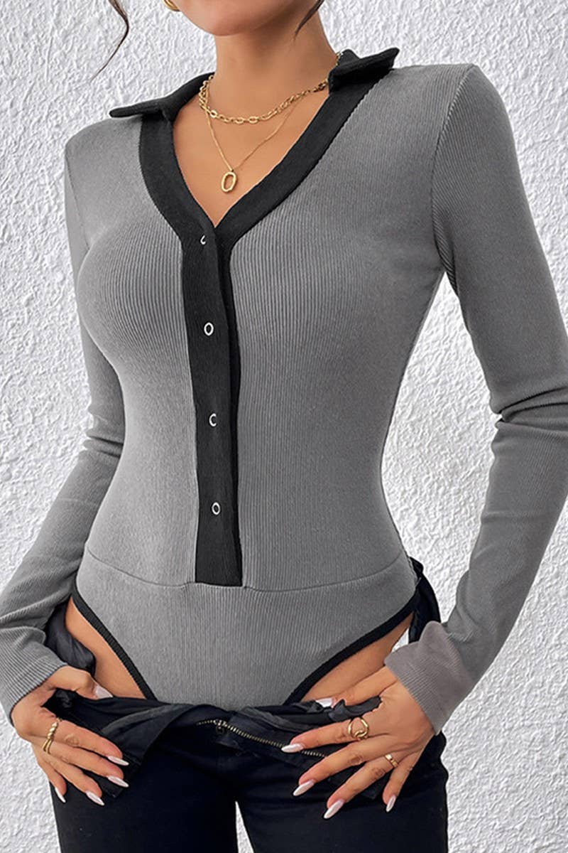 CWSBSL0130_LAPEL CONTRAST COLOR RIBBED BRUSHED BODYSUIT