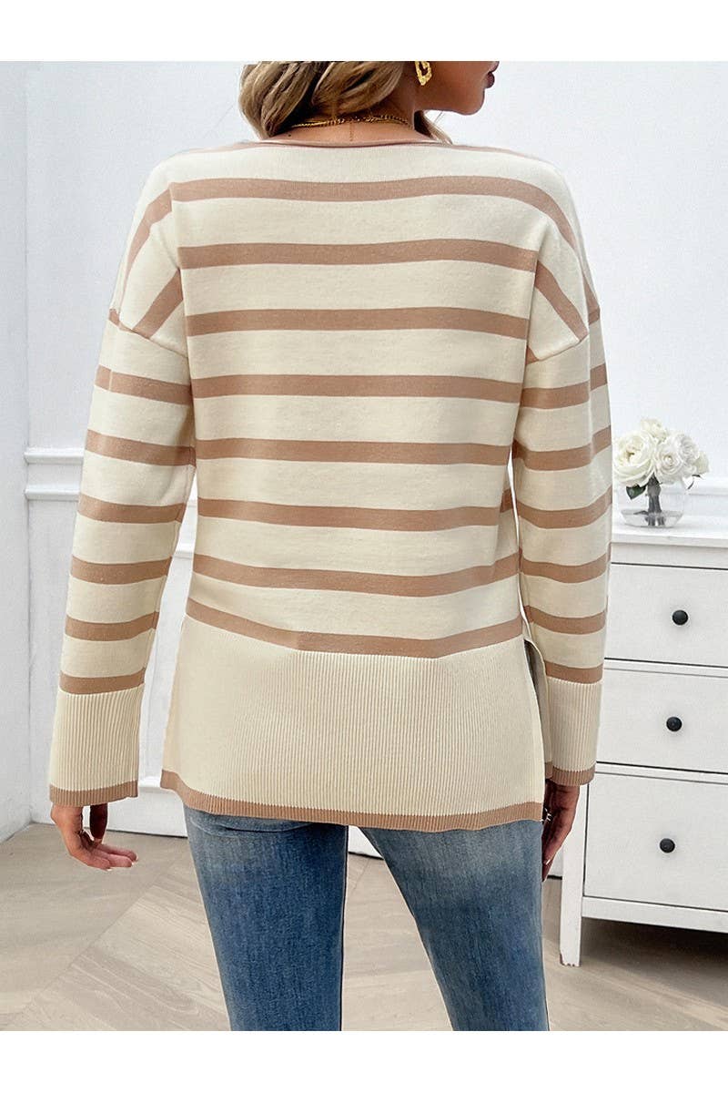 CWOSWL2649_ Loose V-Neck Long Sleeved Pullover Sweater