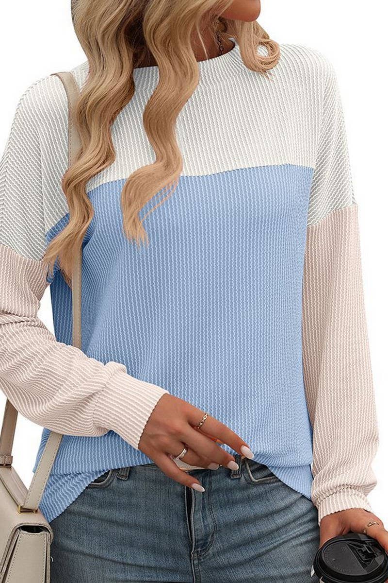 CWTBLL1490_ROUND NECK TWIST COLOR BLOCK LONG SLEEVE T-SHIRT