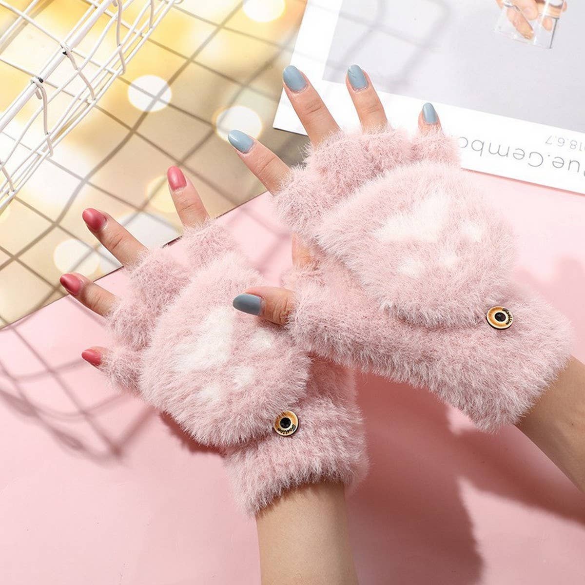 CWAG00552_CUTE CAT PAW BEAR CLAW KNIT GLOVES