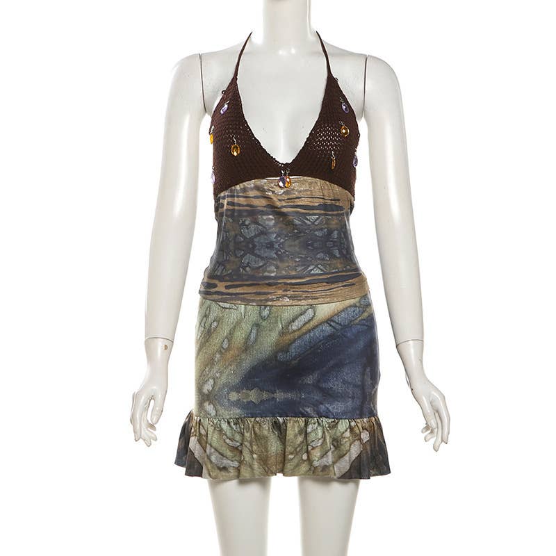 Backless Halter Neck Printed Mini Skirt