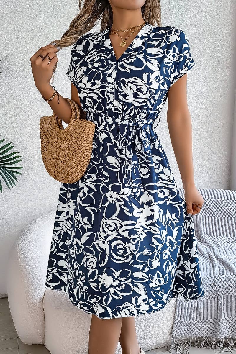 CWDMD2629_SUMMER V-NECK BAT-SLEEVE FLOWER DRESS LONG