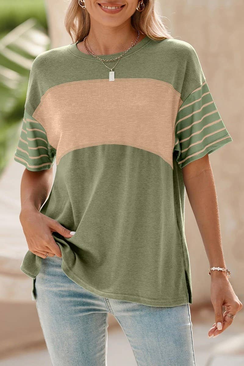 CWTTS1392_ROUND NECK CASUAL STRIPED CONTRAST COLOR T-SHIRT