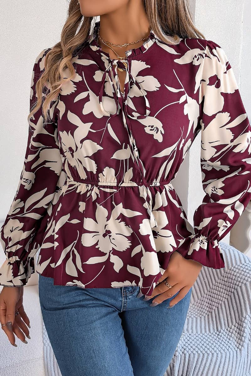 CWTBLL0954_CASUAL FLORAL LACE-UP LONG-SLEEVED CHIFFON TOP