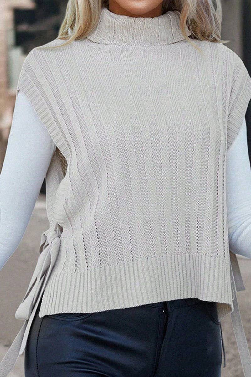 CWOSWSL00158_SOLID TURTLENECK SLEEVELESS SIDE TIE KNIT VEST