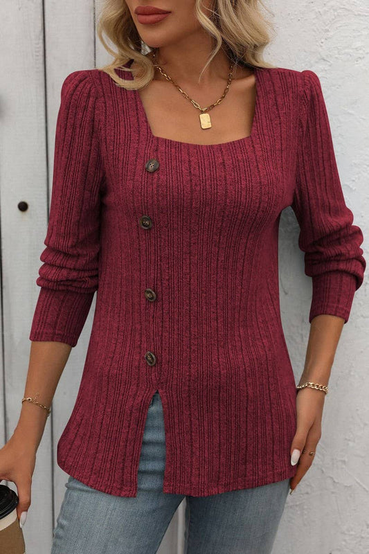 CWTBLL1815_SQUARE NECK RIBBED SOLID COLOR BUTTON TOP