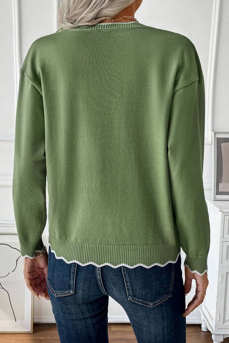 CWOSWL6844_ZIPPERED CONTRASTING CREW NECK CASUAL SWEATER