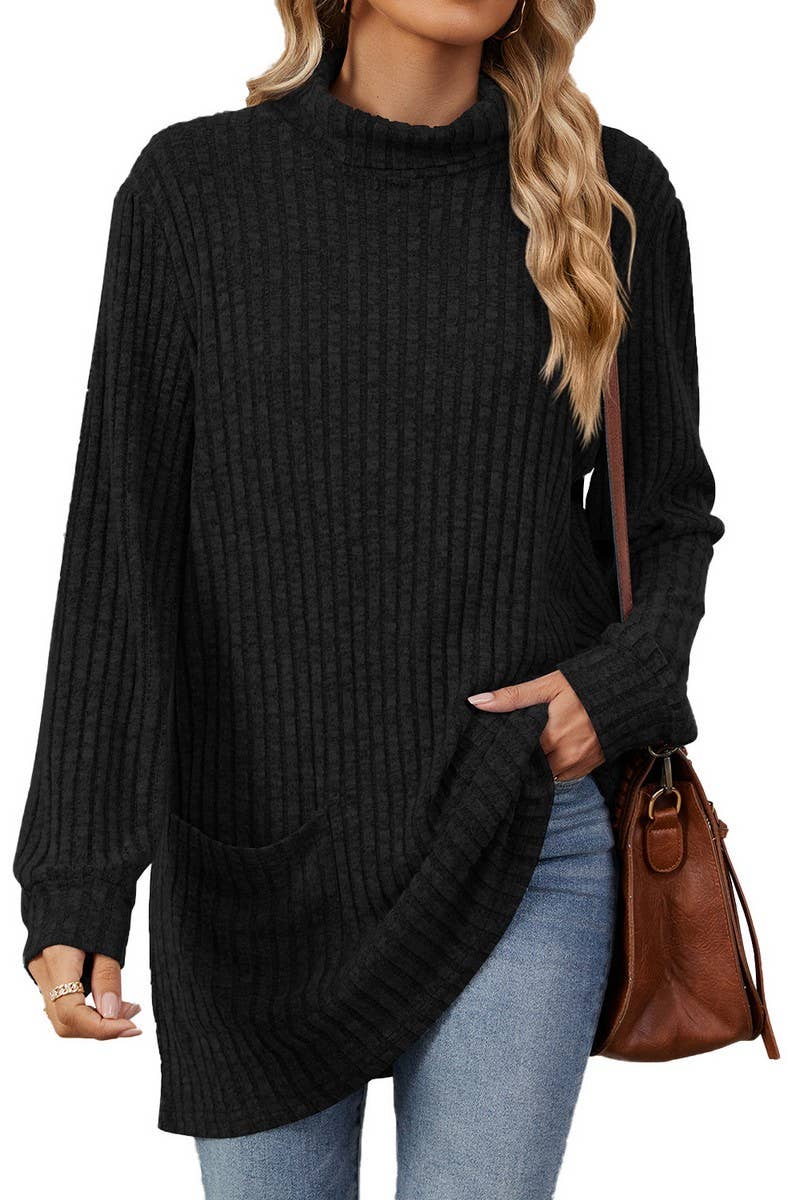 CWTBLL1200_SOLID COLOR RIBBED HALF TURTLENECK POCKET TOP