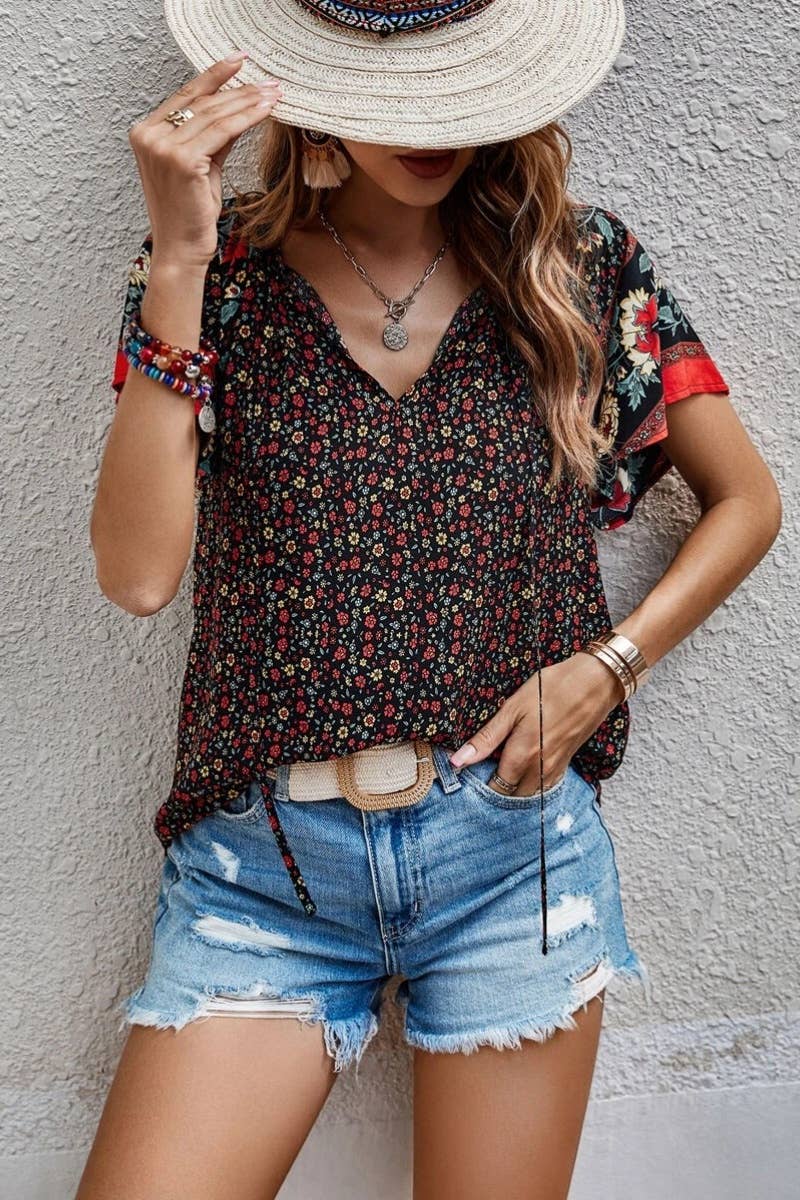 CWTBLS1117_CASUAL BOHO V-NECK SHORT-SLEEVED SHIRT TOP