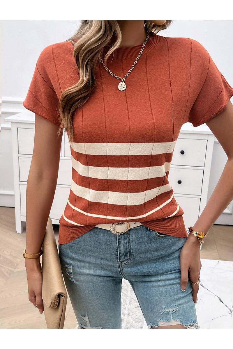 CWTTSL0265_Elegant Crew Neck Short Sleeve Knit Top