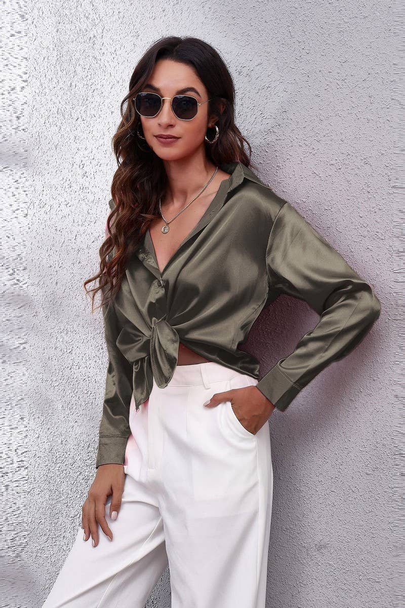 CWTBLL0691_Button Down Silky Satin Long Sleeve Top