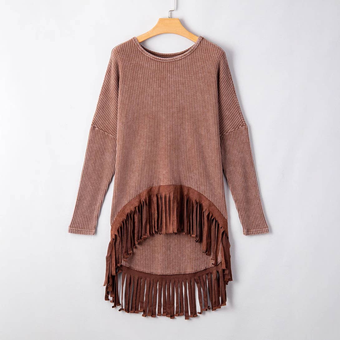 DESIGN SENSE FRINGE HEM SOLID COLOR KNITWEAR