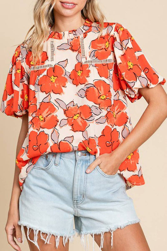 CWTBLS1302_ROUND NECK SHORT SLEEVE FLOWER PRINT TOP