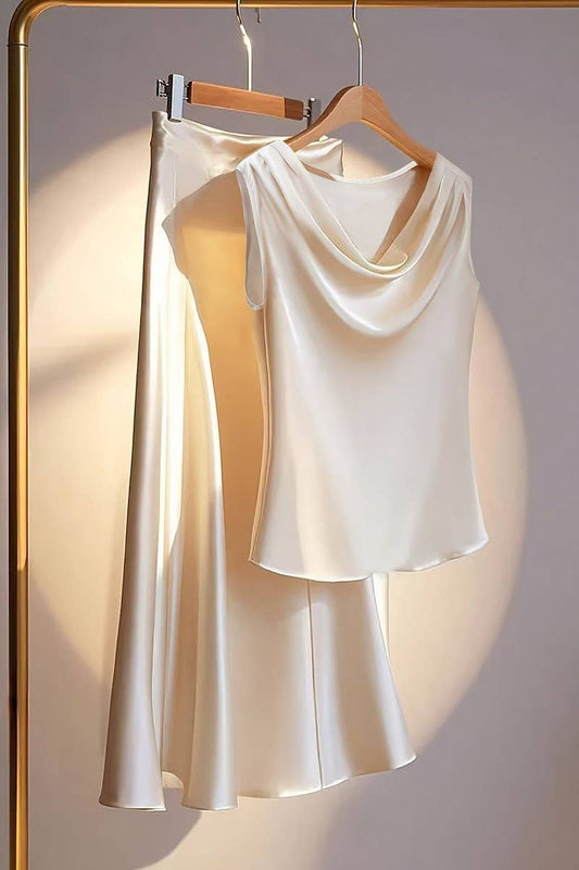 CWSTB2130_SATIN SLEEVELESS TOP & PLEATED SKIRT SET