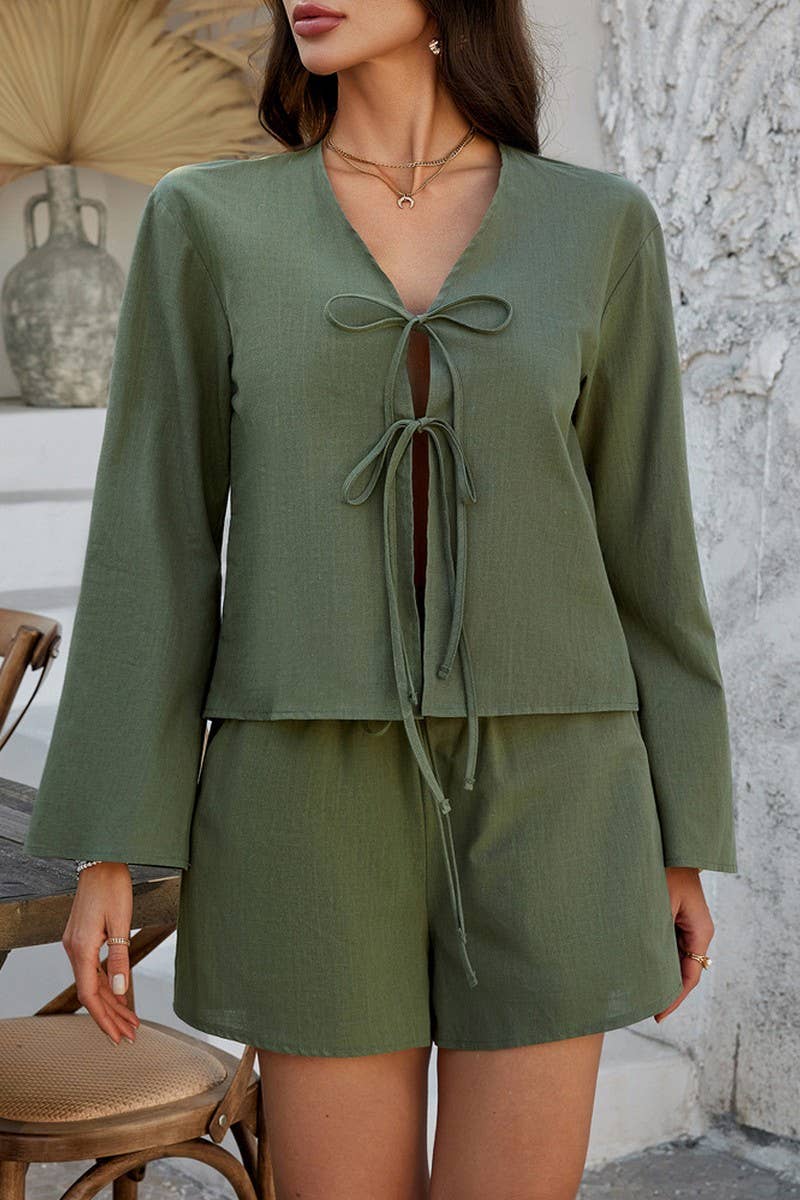 CWSTB1576_SOLID COLOR CARDIGAN LONG-SLEEVED TOP SHORTS SET