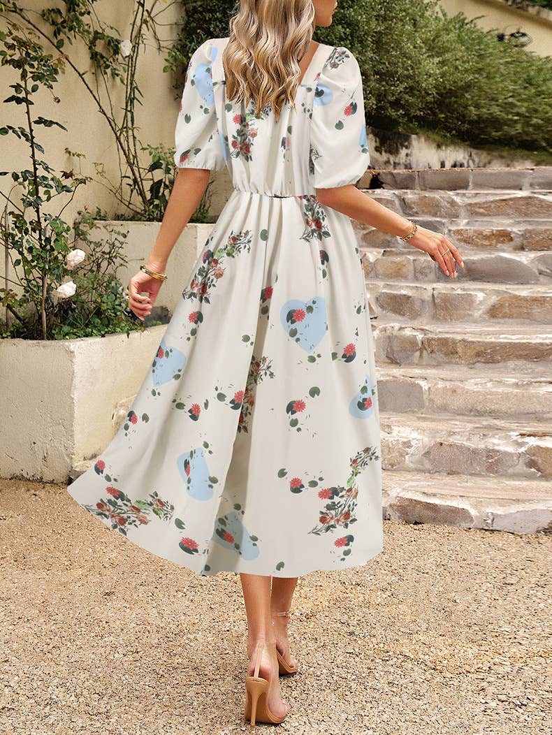 Floral Elegant Lantern Sleeve Dress