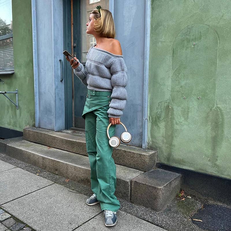 DESIGN SENSE LANTERN SLEEVE SHORT CROP SWEATER