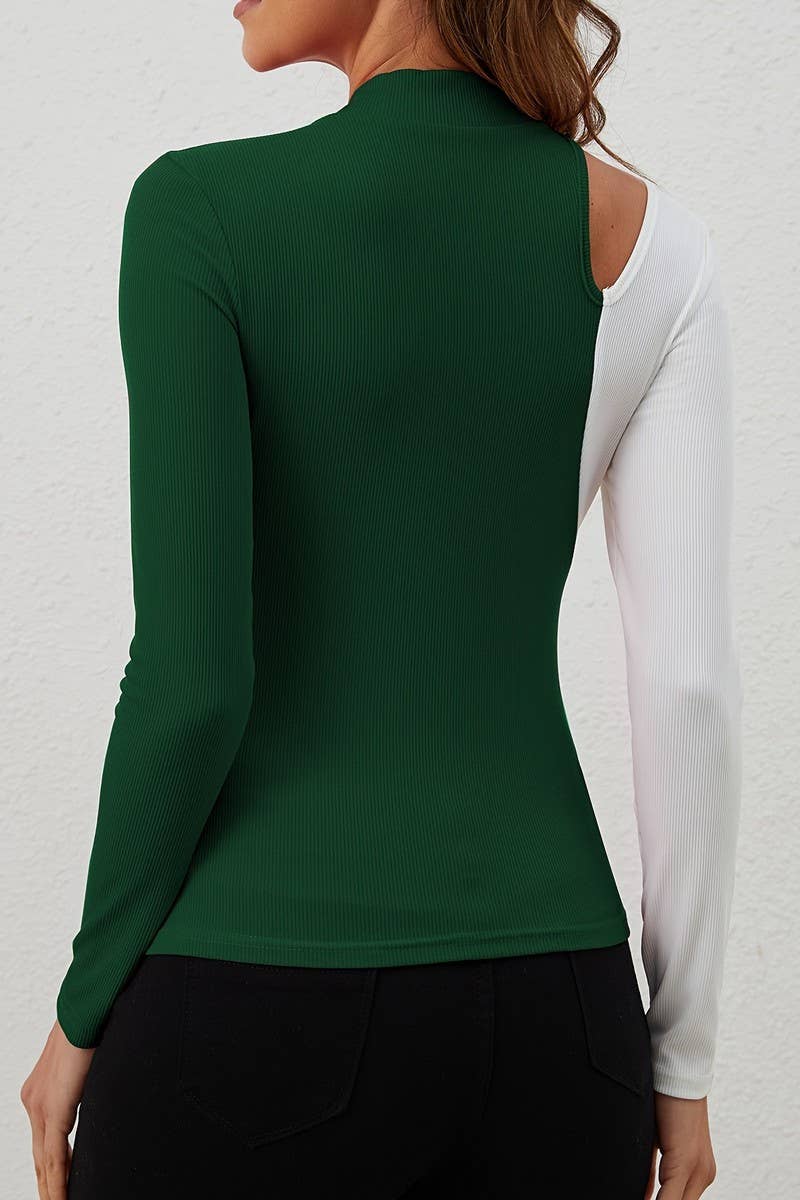 CWTBLL3526_CONTRAST COLOR STITCHING SMALL STAND COLLAR TOP